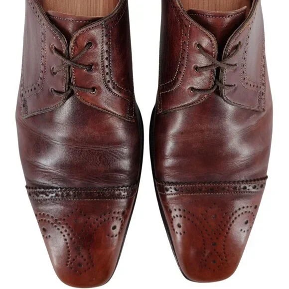 Santoni Italy Antiqued Brown Leather Dress Shoes 8 Cap-toe Brogue Derby Oxfords